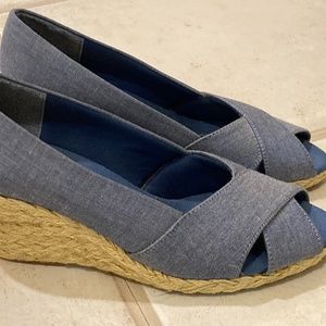 Blue canvas wedge sandals